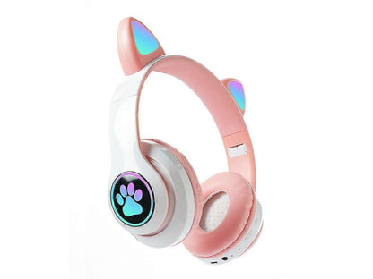 Bluetooth Headphones with Cat Ears, LED, and Removable Microphone