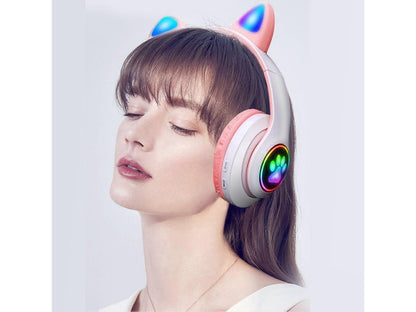 Bluetooth Headphones with Cat Ears, LED, and Removable Microphone