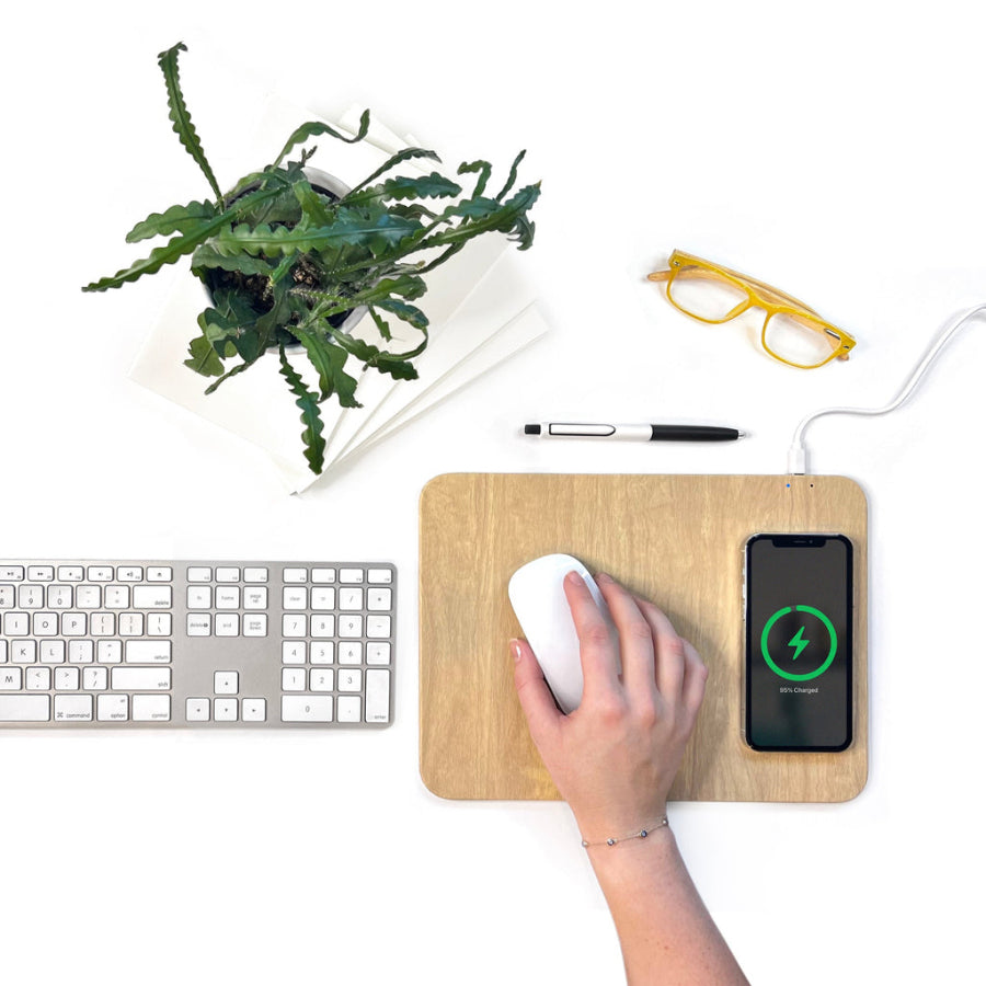 Wood Mouse Pad with Wireless Charging - Light Brown